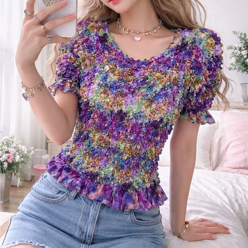 Ruched Stretchy Tie Dye Short Sleeve Top Purple Green